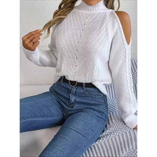 Solid Color Split-Joint Long Sleeves Loose Cold Shoulder Sweater Tops