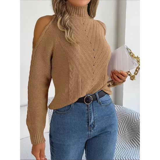 Solid Color Split-Joint Long Sleeves Loose Cold Shoulder Sweater Tops