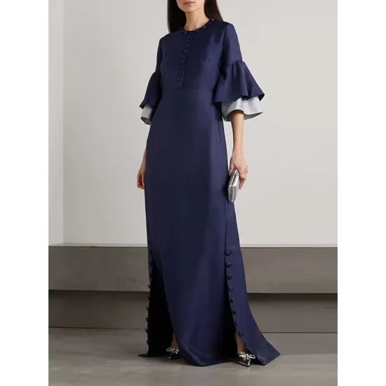 Flared Sleeves Half Sleeves Solid Color Round-Neck Maxi Dresses