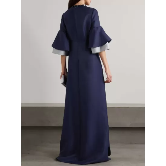 Flared Sleeves Half Sleeves Solid Color Round-Neck Maxi Dresses