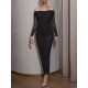 Pleated See-Through Sequined Solid Color Split-back Split-Joint Long Sleeves Skinny Tube Evening Dresses