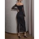 Pleated See-Through Sequined Solid Color Split-back Split-Joint Long Sleeves Skinny Tube Evening Dresses