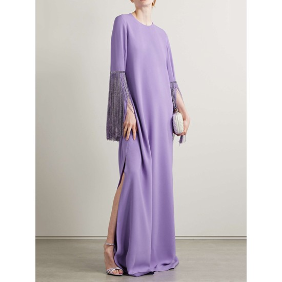 H-Line Long Sleeves Solid Color Split-Side Tasseled Round-Neck Maxi Dresses