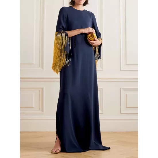 H-Line Long Sleeves Solid Color Split-Side Tasseled Round-Neck Maxi Dresses