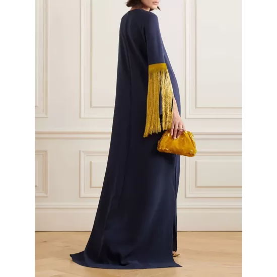 H-Line Long Sleeves Solid Color Split-Side Tasseled Round-Neck Maxi Dresses