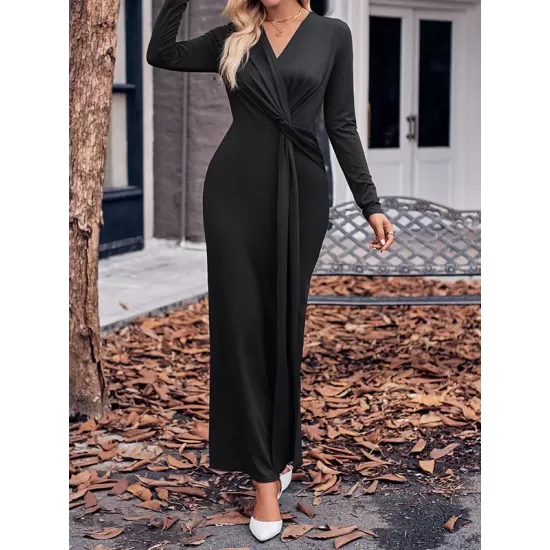 Bowknot Solid Color Bodycon Long Sleeves V-neck Maxi Dresses