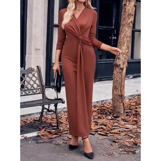 Bowknot Solid Color Bodycon Long Sleeves V-neck Maxi Dresses