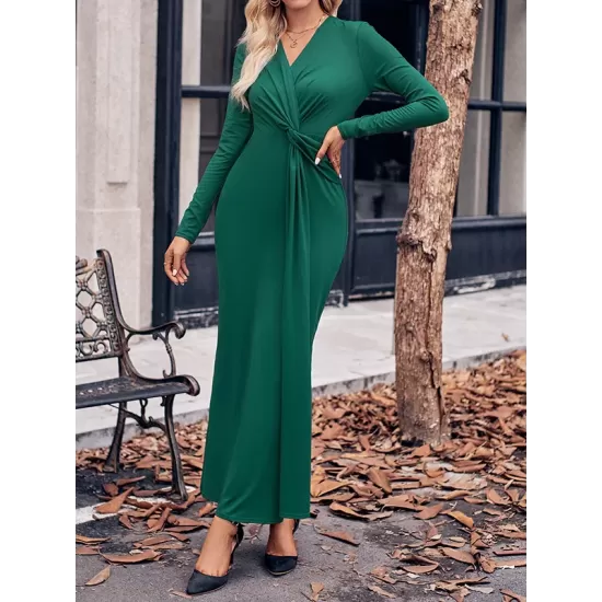 Bowknot Solid Color Bodycon Long Sleeves V-neck Maxi Dresses