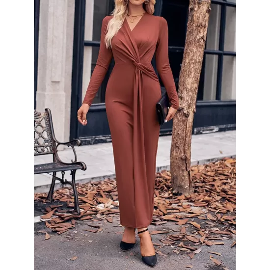 Bowknot Solid Color Bodycon Long Sleeves V-neck Maxi Dresses