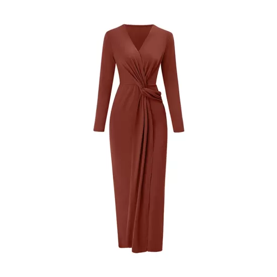 Bowknot Solid Color Bodycon Long Sleeves V-neck Maxi Dresses