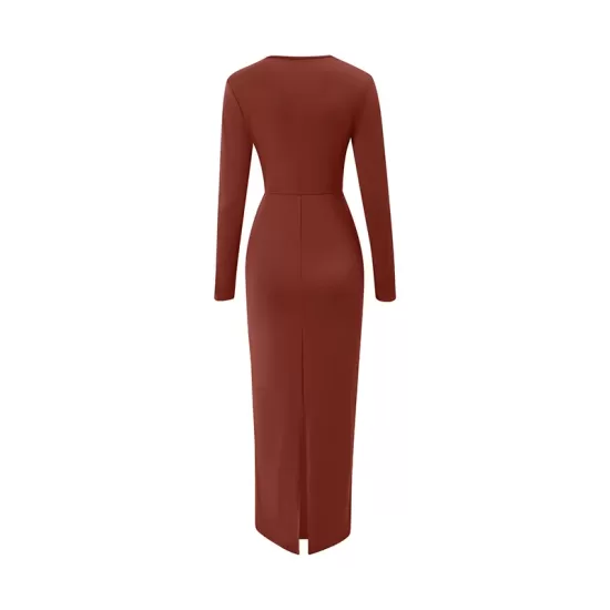 Bowknot Solid Color Bodycon Long Sleeves V-neck Maxi Dresses