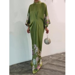 Batwing Sleeves Loose Floral Printed Muslim Pleated Stand Collar Maxi Dresses