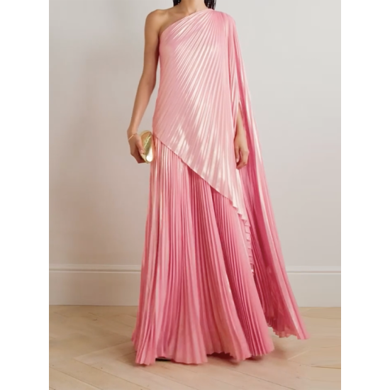 Loose Asymmetric Pleated One-Shoulder Maxi Dresses