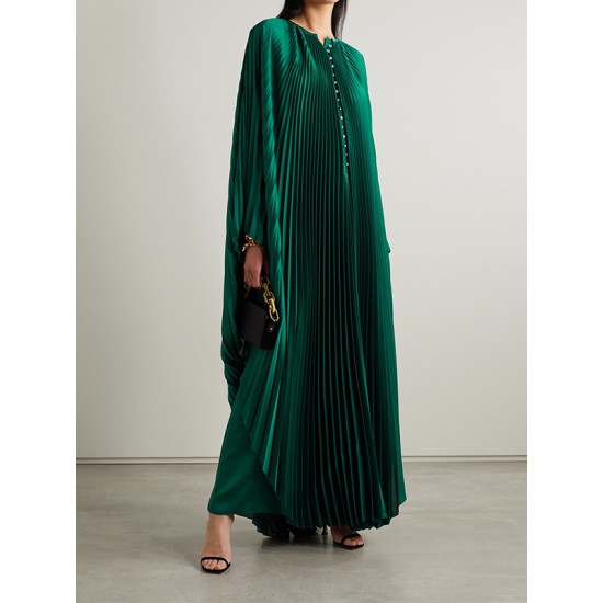 Batwing Sleeves Loose Pleated Solid Color Round-Neck Maxi Dresses