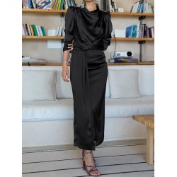 Pleated Solid Color Split-Front A-Line High Waisted Mock Neck Maxi Dresses