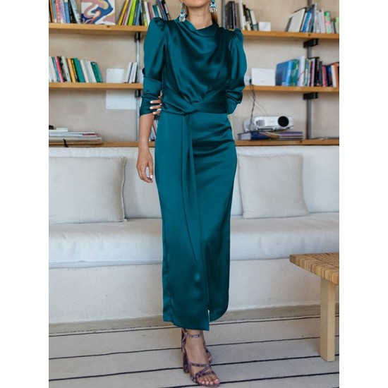 Pleated Solid Color Split-Front A-Line High Waisted Mock Neck Maxi Dresses