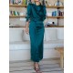 Pleated Solid Color Split-Front A-Line High Waisted Mock Neck Maxi Dresses