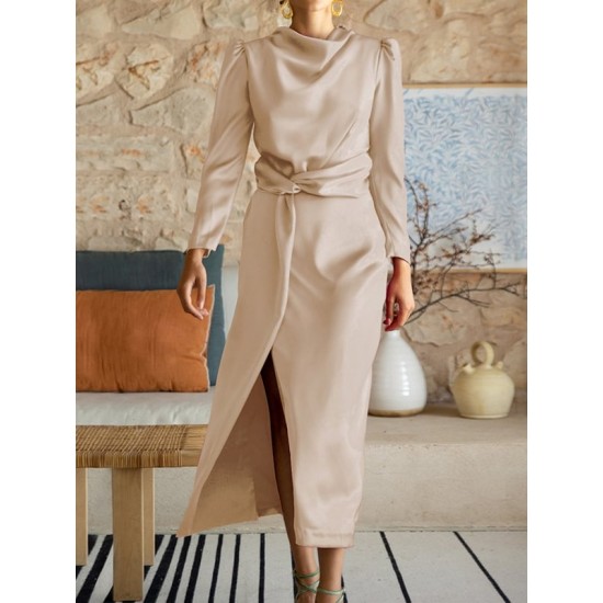 Pleated Solid Color Split-Front A-Line High Waisted Mock Neck Maxi Dresses