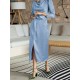 Pleated Solid Color Split-Front A-Line High Waisted Mock Neck Maxi Dresses