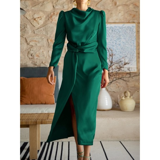 Pleated Solid Color Split-Front A-Line High Waisted Mock Neck Maxi Dresses