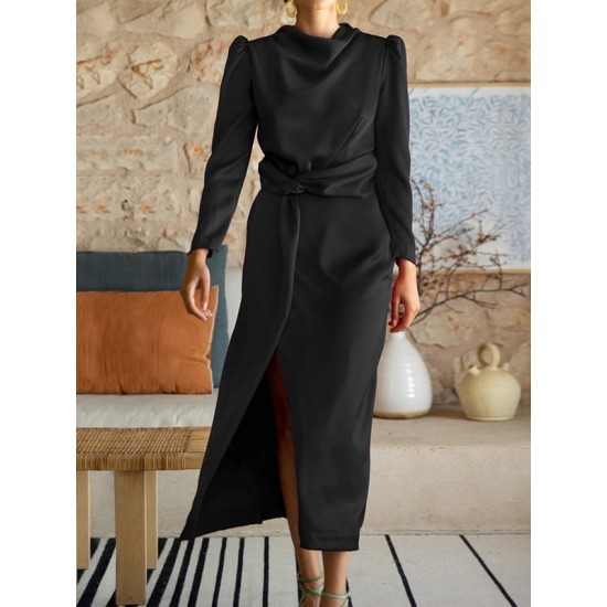 Pleated Solid Color Split-Front A-Line High Waisted Mock Neck Maxi Dresses