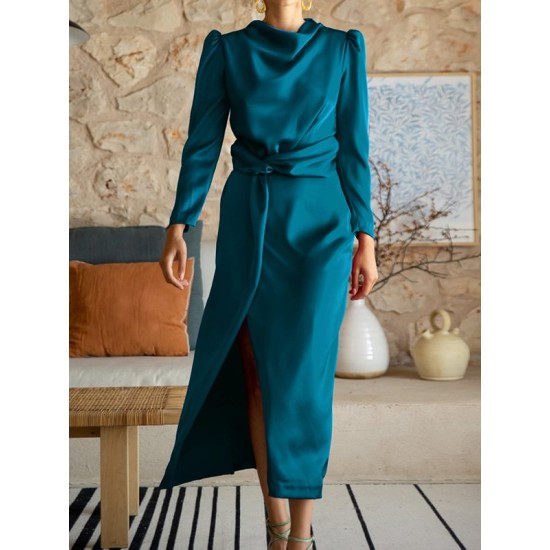 Pleated Solid Color Split-Front A-Line High Waisted Mock Neck Maxi Dresses