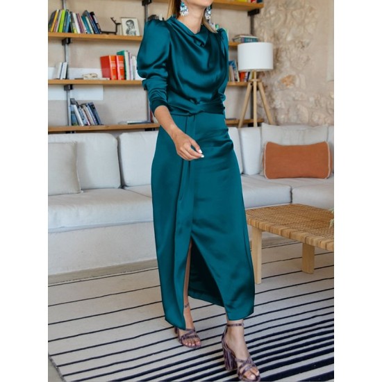 Pleated Solid Color Split-Front A-Line High Waisted Mock Neck Maxi Dresses