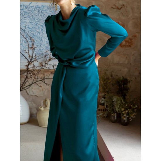 Pleated Solid Color Split-Front A-Line High Waisted Mock Neck Maxi Dresses