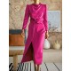 Pleated Solid Color Split-Front A-Line High Waisted Mock Neck Maxi Dresses