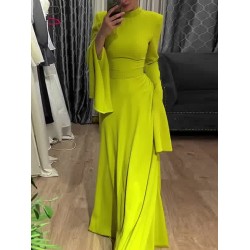 Ruffle Sleeves Skinny Belted Solid Color Round-Neck Maxi Dresses