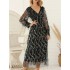 Gauze Pockets See-Through Sequined Split-Joint Long Sleeves Loose V-Neck Midi Dresses Evening Dresses