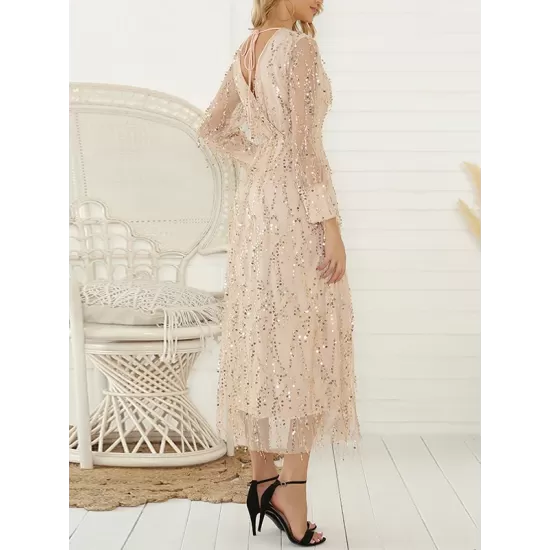 Gauze Pockets See-Through Sequined Split-Joint Long Sleeves Loose V-Neck Midi Dresses Evening Dresses