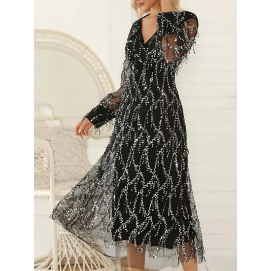 Gauze Pockets See-Through Sequined Split-Joint Long Sleeves Loose V-Neck Midi Dresses Evening Dresses