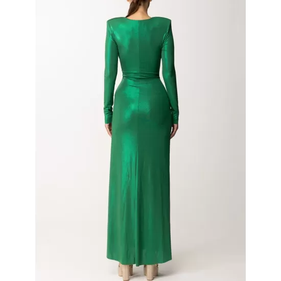 Long Sleeves Solid Color V-Neck Evening Maxi Dresses