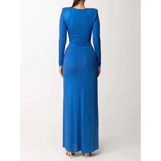 Long Sleeves Solid Color V-Neck Evening Maxi Dresses