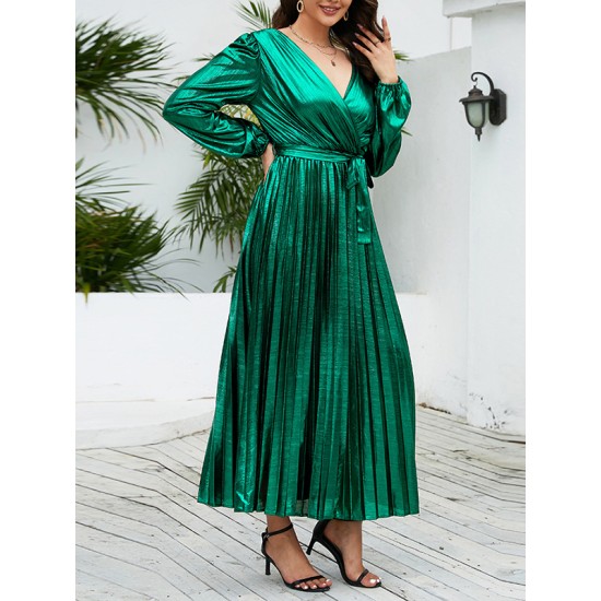 Bronzing Elasticity Pleated Solid Color Tied Waist Long Sleeves Loose V-Neck Midi Dresses