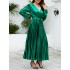 Bronzing Elasticity Pleated Solid Color Tied Waist Long Sleeves Loose V-Neck Midi Dresses