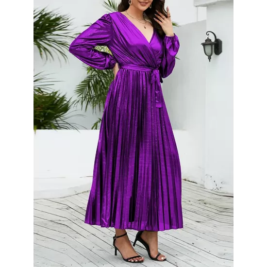 Bronzing Elasticity Pleated Solid Color Tied Waist Long Sleeves Loose V-Neck Midi Dresses