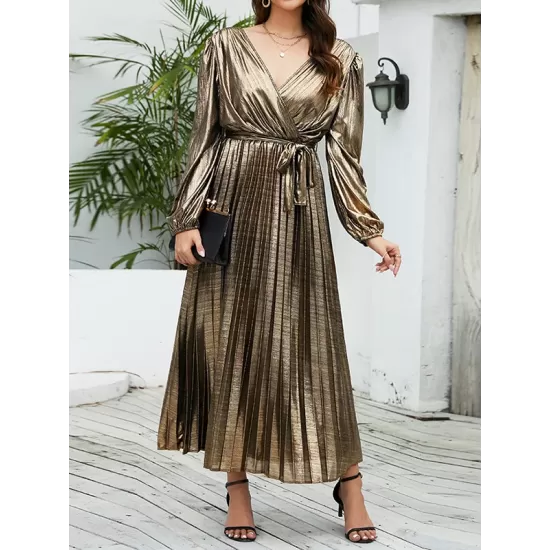 Bronzing Elasticity Pleated Solid Color Tied Waist Long Sleeves Loose V-Neck Midi Dresses