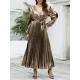 Bronzing Elasticity Pleated Solid Color Tied Waist Long Sleeves Loose V-Neck Midi Dresses