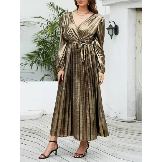 Bronzing Elasticity Pleated Solid Color Tied Waist Long Sleeves Loose V-Neck Midi Dresses