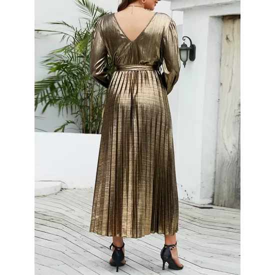 Bronzing Elasticity Pleated Solid Color Tied Waist Long Sleeves Loose V-Neck Midi Dresses