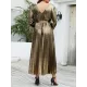 Bronzing Elasticity Pleated Solid Color Tied Waist Long Sleeves Loose V-Neck Midi Dresses