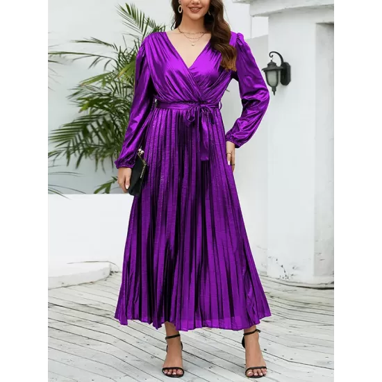 Bronzing Elasticity Pleated Solid Color Tied Waist Long Sleeves Loose V-Neck Midi Dresses