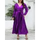 Bronzing Elasticity Pleated Solid Color Tied Waist Long Sleeves Loose V-Neck Midi Dresses