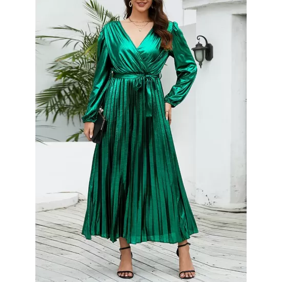 Bronzing Elasticity Pleated Solid Color Tied Waist Long Sleeves Loose V-Neck Midi Dresses