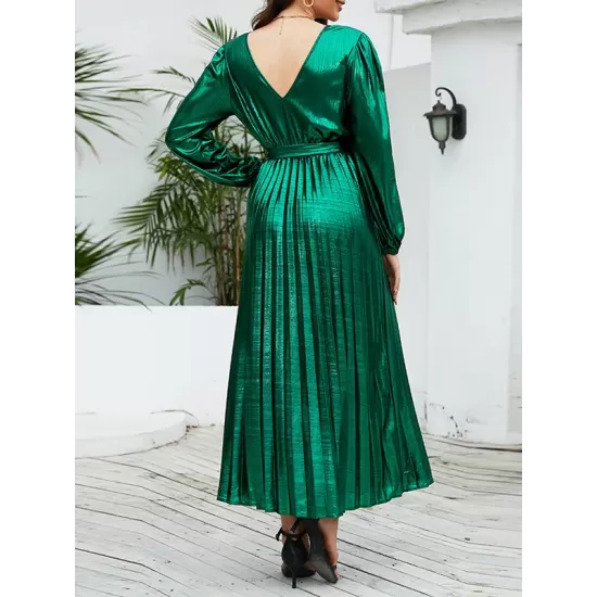 Bronzing Elasticity Pleated Solid Color Tied Waist Long Sleeves Loose V-Neck Midi Dresses