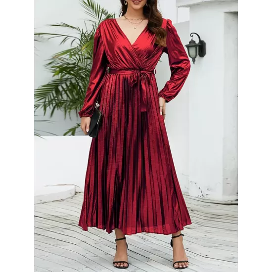 Bronzing Elasticity Pleated Solid Color Tied Waist Long Sleeves Loose V-Neck Midi Dresses