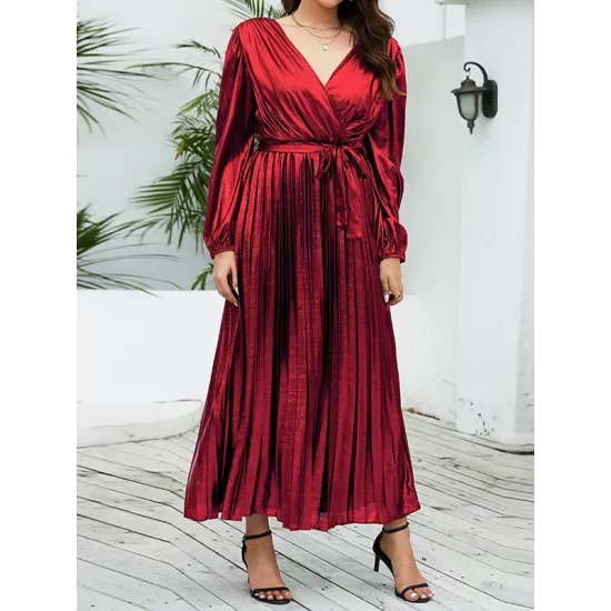 Bronzing Elasticity Pleated Solid Color Tied Waist Long Sleeves Loose V-Neck Midi Dresses