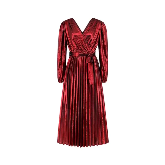 Bronzing Elasticity Pleated Solid Color Tied Waist Long Sleeves Loose V-Neck Midi Dresses